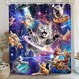 SVBright Funny Cat Shower Curtain 60Wx72L Inch Kids Space Galaxy Cute Fun Cool Pet Animal Hilarious Nebula Starry Fantasy Universe Boys 12 Pack Hooks Polyester Waterproof Fabric Bathroom Bathtub Panel