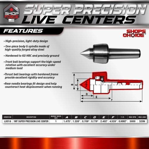 L0018, Shop Force, Shop'sChoice, Super Precision Live Center, Bearing Type: Triple-Bearing Design, Taper Size: 1MT,