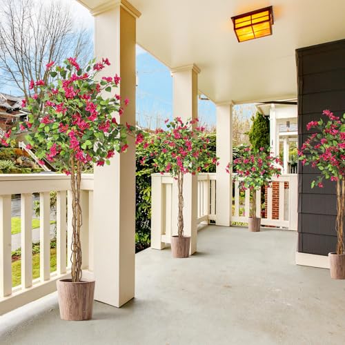 GarveeHome 6FT Artificial Bougainvillea Tree, Tall Potted Fake Tree Indoor, Faux Tree with Wood Trunk and Pink Flowers for Outdoor