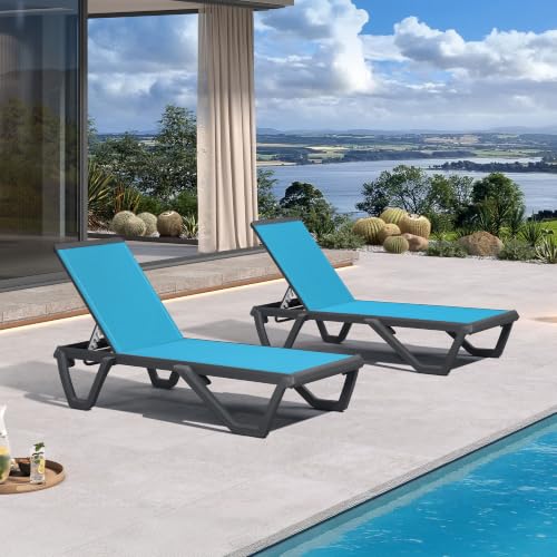 Image of PURPLE LEAF Patio Chaise Lounge Aluminum Outdoor Chair Pool, Turquoise Blue | Plastic + Glass fiber Legs, Aluminum Frame, Quick-Dry Comfort UV, 5 Recline Angles, 5% Wider Seat, Stackable, Lightweight
