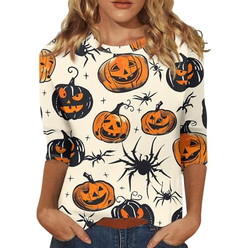 Halloween Shirts for Women 3/4 Sleeve Plus Size Crewneck Loose Fit Cute T Shirt Halloween Costumes for Women 2025