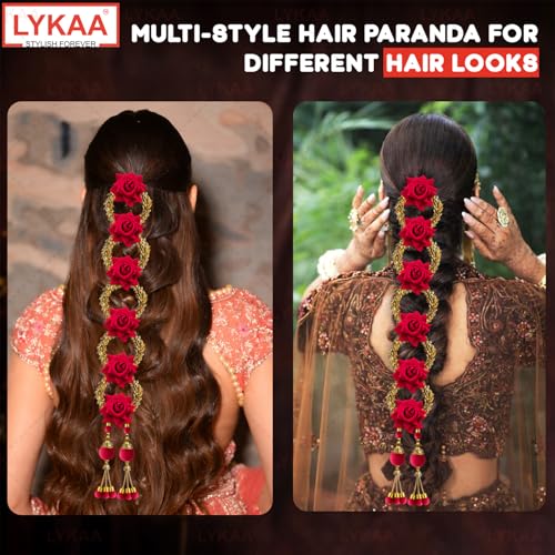 Image of Artificial Rose Floral Hair Parandi with Tassels | Bridal Braided Choti Hair Accessory for Wedding, Mehndi & Festive occasion-1 Pc Magenta & Golden