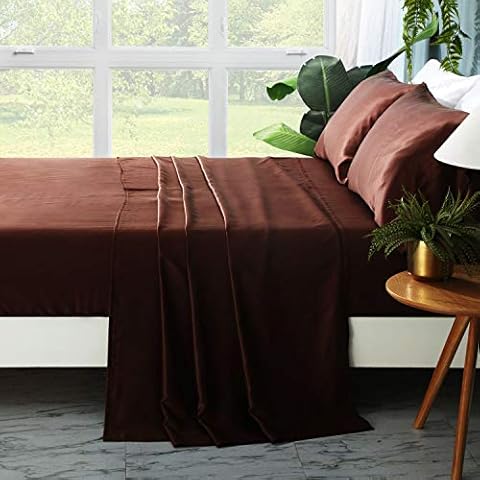 ZIMASILK 4 Pcs 100% Mulberry Silk Bed Sheet Set,All Side 19 Momme Silk(King Chocolate) Cover
