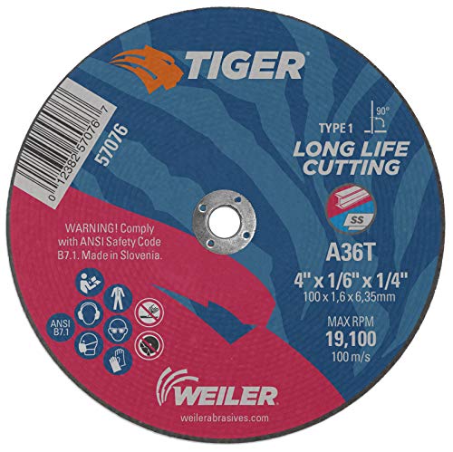 Image of Weiler 57076 4-Inch Cutting Wheel, Tiger AO Steel /Metal Long Life, Performance Cutting, 1 /16 inch A36T Type 1 1 /4 inch Arbor (Pack of 25)