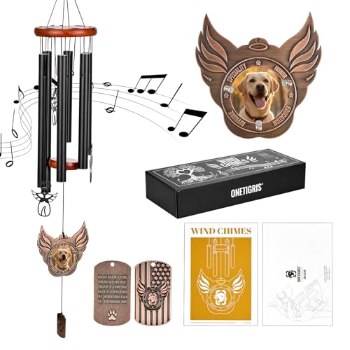 OneTigris Grabstein Hund, Windspiele mit Ehren-Hundemarke und Bilderrahmen, Austauschbare Fotos, fur Terrasse, Balkon, Garten Oder als Geschenk Lnnenbereich, Schutzengel