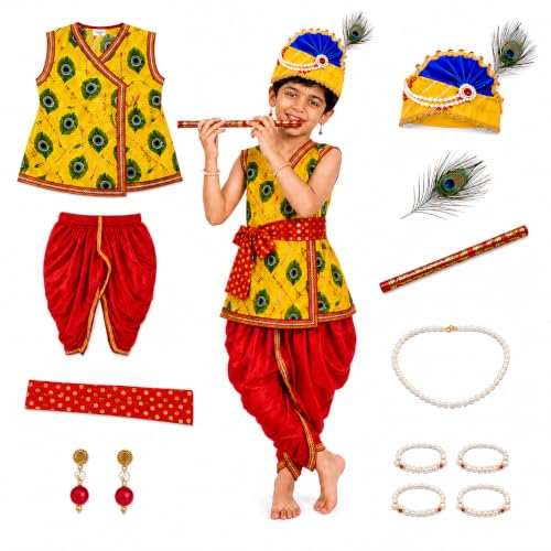 Image of Sarvda Shree Krishna Dress for Baby Boy & Radha Dress for Girls | Janamashtami Dress | Fancy Dress Costume with Accessories Dhoti, Dupatta, Mukut Flute Complete set, Ethnic wear
