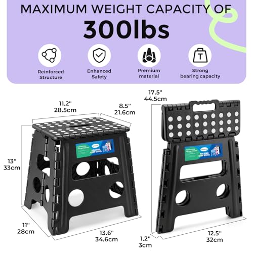 Image of Dyforce Folding Step Stool 13 Inch,300lbs Foldable Stool for Adults & Kids | Stepping Stool Black,Non-Slip Plastic Compact Foot Stool with Carry Handle,Lightweight for Bathroom Kitchen Bedroom Garden