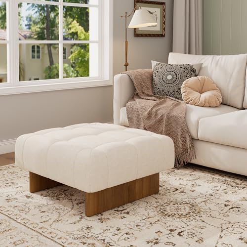 Image of Christopher Knight Home Yvone Modern Upholstered Ottoman Coffee Table, Wooden Square Ottoman Foot Rest, Multipurpose Foot Stools Ottoman, Comfy Living Room Sofa Extra Seat, Beige+Brown