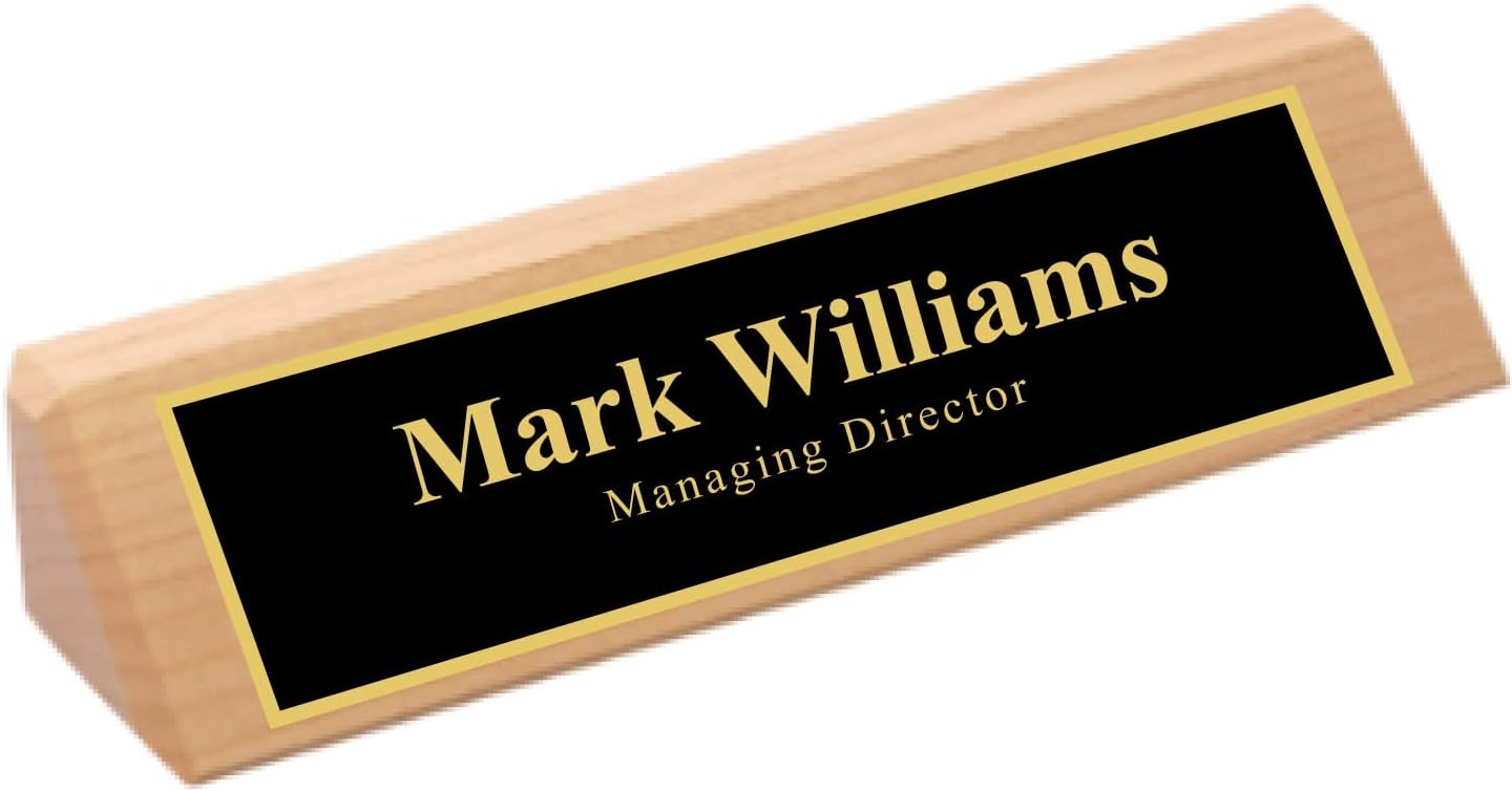 Personalized Business Desk Name Plate with Card Holder - Custom Laser Engraved Wooden Desk Wedge (2x8)
