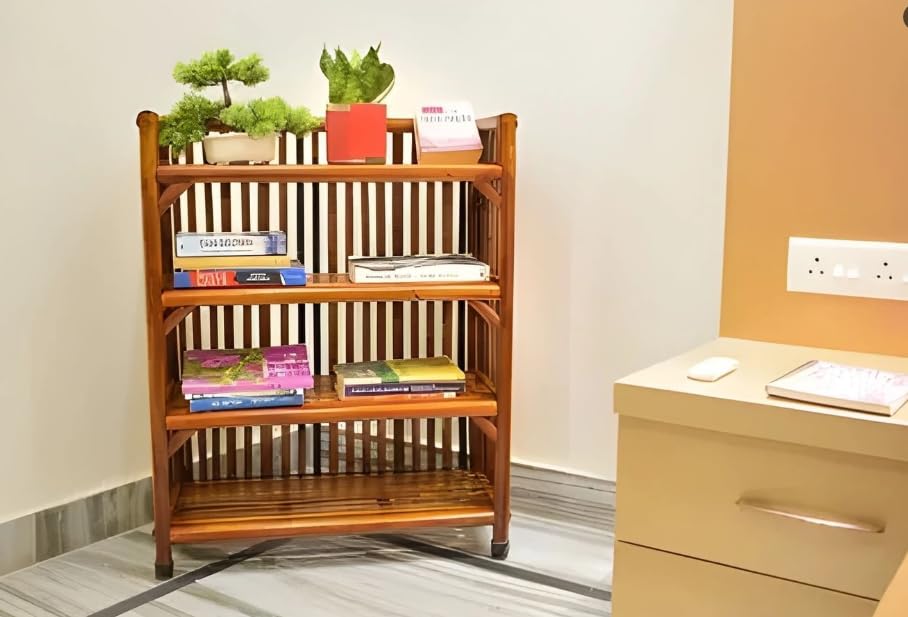 Image of CANE CRAFTS Wooden Shelf Bamboo 4-Tier Kitchen Organizer Shoes & Slippers Rack Books Shelves Planter Stand