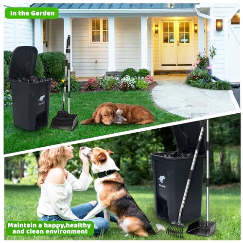 Image of Dog Poop Trash Can Outside with Pooper Scooper, 20L /5Gal Dog Waste Trash Can with Lid, Pedal and Removable Inner Bin, Pet Poop Bin with Metal Rake & Tray and 100 Bags