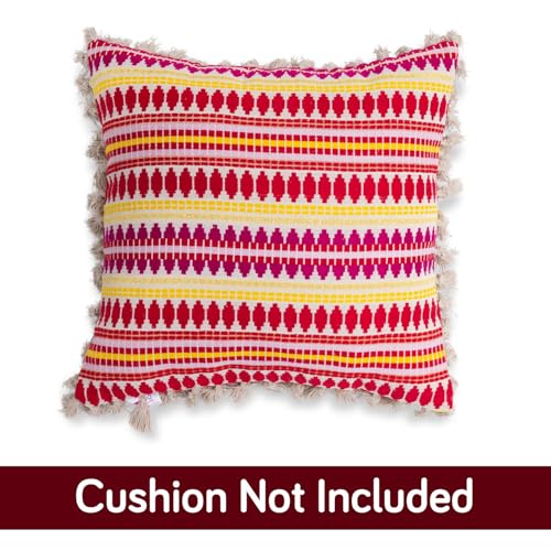 Image of HOKIPO 'Artisan Boho Series' 450 GSM Cushion Cover with Tassels | Cotton Acrylic Jacquard | 16x16 Inch (40x40 cm) | Pack of 2, Ruby Red (IN-905-A6*2)