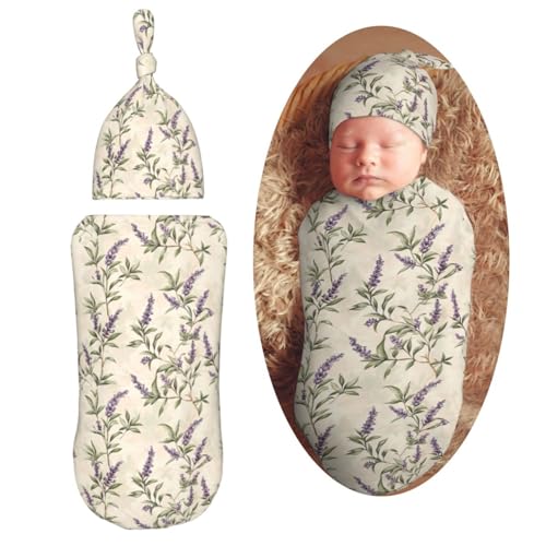 Image of Vintage Lavender Florals Ornament Newborn Swaddle Blankets Hat Sets Soft Baby Receiving Blanket Swaddle Sack for Baby Shower Infant Boy Girl Gift