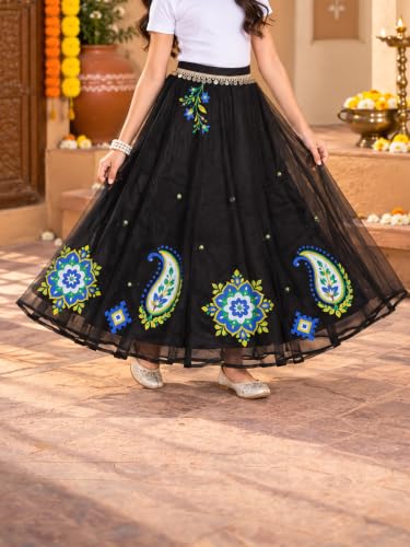 Image of KiddoPanti Girls Organza Ethnic Skirt | Flared Maxi Skirt with Sateen Lining | Half Elastic Waist | Ethnic Bottom | Age 1-14 Years