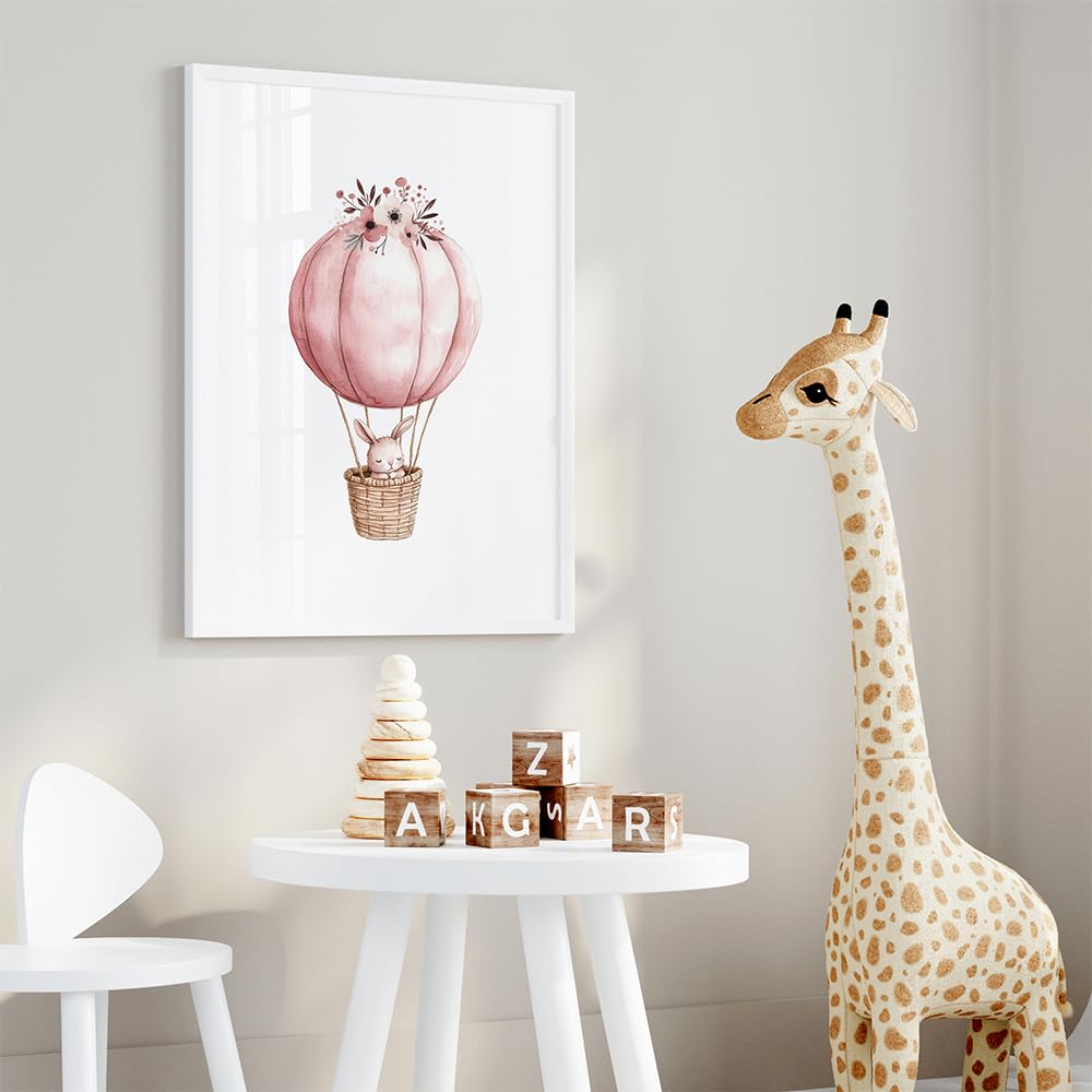BeiYiHo 3 Affiche Lapin Chambre Fille Poster Lapin Chambre Bebe 30x40cm Tableau Chambre Enfant Fille Boho Deco Chambre Bebe Lune Étoile Montgolfière Avion Rose Poudré Cadeau Toile SANS CADRE