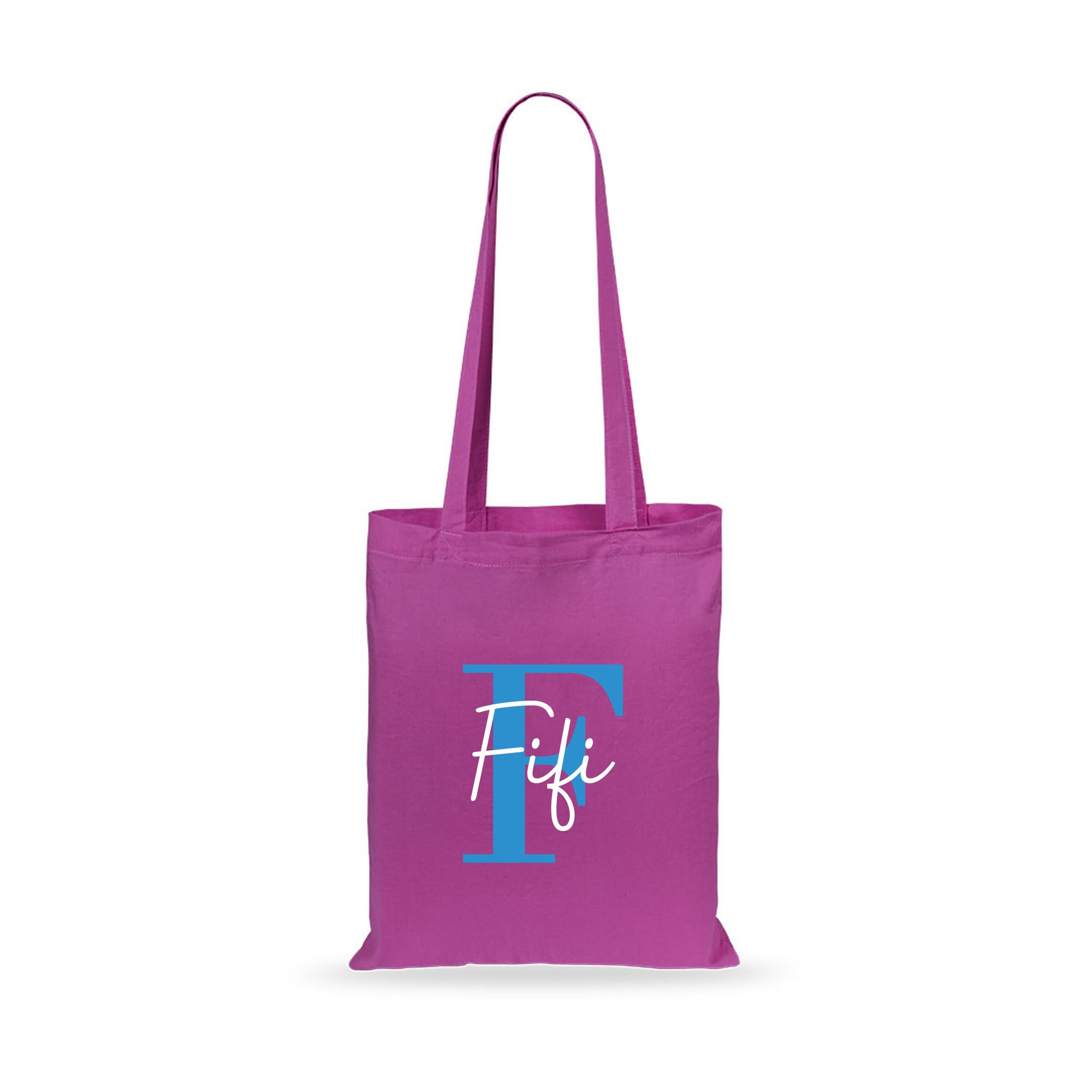 eBuyGB Personalised Tote Bag, Custom Alphabet Cotton Shopper with Blue Initial & Name, Birthday Gift Bag, Kids Party Bags, Reusable Bag (Fuchsia)