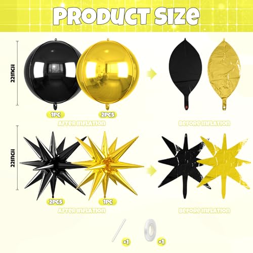 Image of 6pcs 22 inch Black Gold Star Balloons and 4D Large Foil Balloons, Gold Star Balloon Black 4D Foil Aluminum Balloon For Birthday Baby Shower Party Wedding Graduation New Year Retirement Decorations