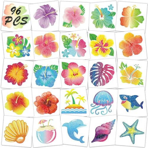 Qpout Glitter Hibiscus Tatuajes Temporales para la Decoración de la Fiesta Aloha,96pcs Pre cortados Individualmente Tatuajes de Flores de Hawái,Pegatinas de Tatuaje Falsos de Hibisco de Verano