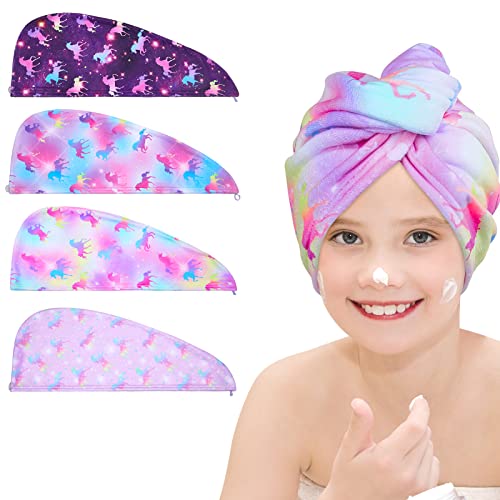 Basumee 4PCS Microfiber Hair Towel Wrap for Girls and Women, Rapid Drying Towel for Hair Absorbent Quick Dry Hair Turbans for Wet Hair with Button, Colourful Unicorn
