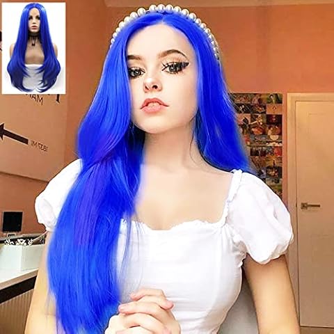 Blue Wig Lace Front Wigs for Women Long Straight Dark Blue Lace Wig Natural Hairline Glueless Soft Synthetic Heat Resistant Fiber Hair Daily Cosplay Drag Queen Hand Tied Wig 24 Inch Cover