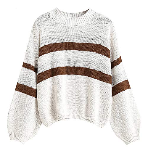 ZAFUL Women's Lantern Sleeve Mock Neck Stripes Loose Pullover Sweater White