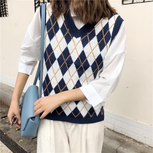 Image of Sweater Vest Women,Sleeveless V Neck Argyle Plaid Long Preppy Loose Knitted Casual School Sweaters Tank Top