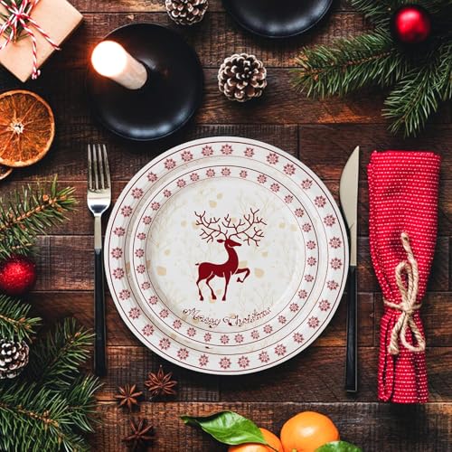 GarveeHome 215 Pcs Christmas Plates and Napkins Set Serve 25, Christmas Elk Disposable Tableware Set, Decorations Includes Plates, Cups, Napkins, Tableware