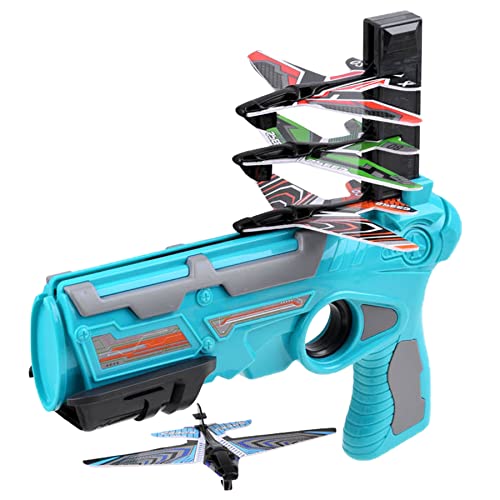 WISHKEY Plastic Airplane Launcher Gun Toy, Cool Catapult Toy Gun with 4 Glider Aircraft Foam Bullets, Trendy Shooting Game for Indoor & Outdoor Sports Activity for Kids, Blue, 4 Years+ (Set of 1)