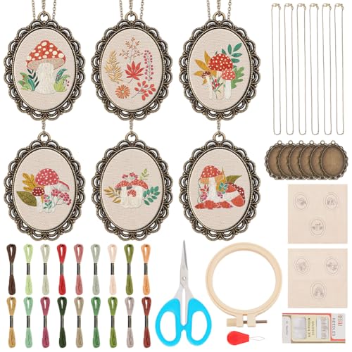 Image of INFUNLY 6 Sets DIY Mushroom Necklace Embroidery Kit for Adult Beginner Embroidery Pendant Kit Mushroom Theme Embroidery Stitching Necklace Kit Cross Stitch Kits with Instructions for Women Gift