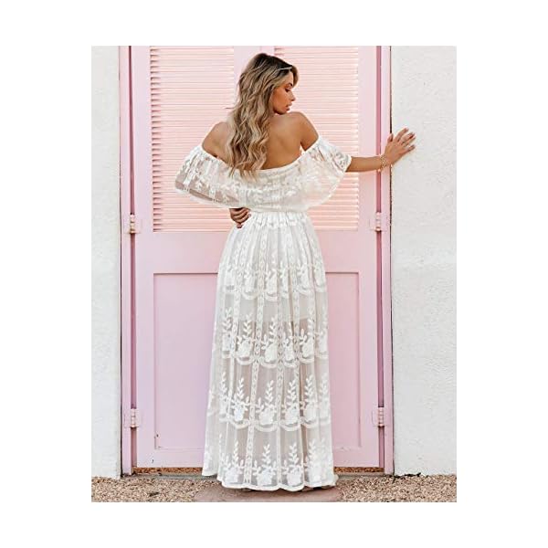 MERMAIDS-CLOSET-Womens-Casual-Off-Shoulder-Maxi-Dress-White-Lace-Sleeve-Beach-Dresses MERMAID'S CLOSET Womens Off Shoulder Embroidered Lace Maxi Dress Boho White Wedding Guest Party Maternity Photoshoot Dresses