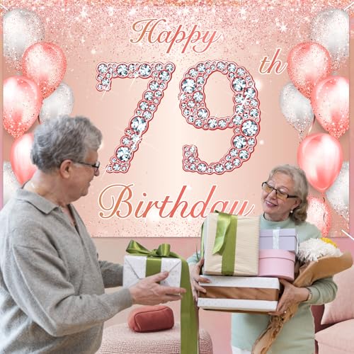 Image of Happy 79th Birthday Rose Gold Banner Cheers to 79 Years Old Backdrop Confetti Balloons Theme Decor for Women 79 Years Old Pink Birthday Party Decorations Bday Supplies Background Favors Gift Glitter