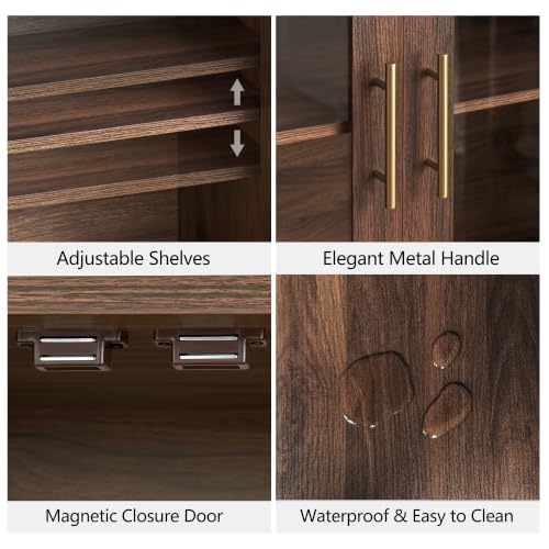 Image of FORTUNETEC 64 inch Sideboard Buffet Cabinet with Arched Glass Doors,Dark Walnut