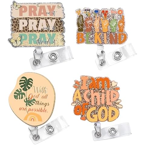 Retractable Badge Reel Holder Clip - 4 Pcs Boho Badge Reel, Be Kind Badge Reel, Pray on It Pray Over It Pray Through It Badge Reel, I am a Child of God Badge Reel, Gifts for Christian Cover