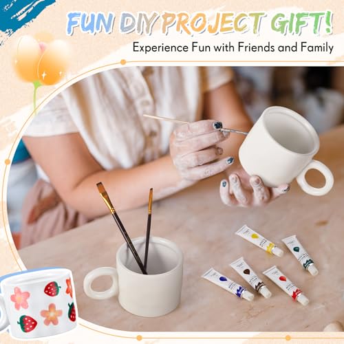 Image of Geiserailie Mug Painting Kit for Adults, Paint Your Own Ceramic Mug DIY Set with 2 Mugs, 12 Acrylic Paints, 3 Brushes & Palette Creative Gift for Graduation Mother's Day Birthday Party(Straight)