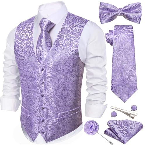 Image of Barry.Wang Men's Suit Vest Tie Bowtie Set Formal Silk Paisley Waistcoat Hanky Cufflinks Lapel Pin Set Wedding Party 7PCS