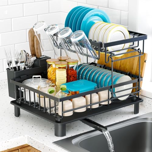 Image of 2 Tiers Dish Drying Rack, Space-Saving Dish Racks for Kitchen Counter, Dish Drainer Drying Rack with Drainboard, Utensil Holder Cups Holder and Adjustable Swivel Spout, Black