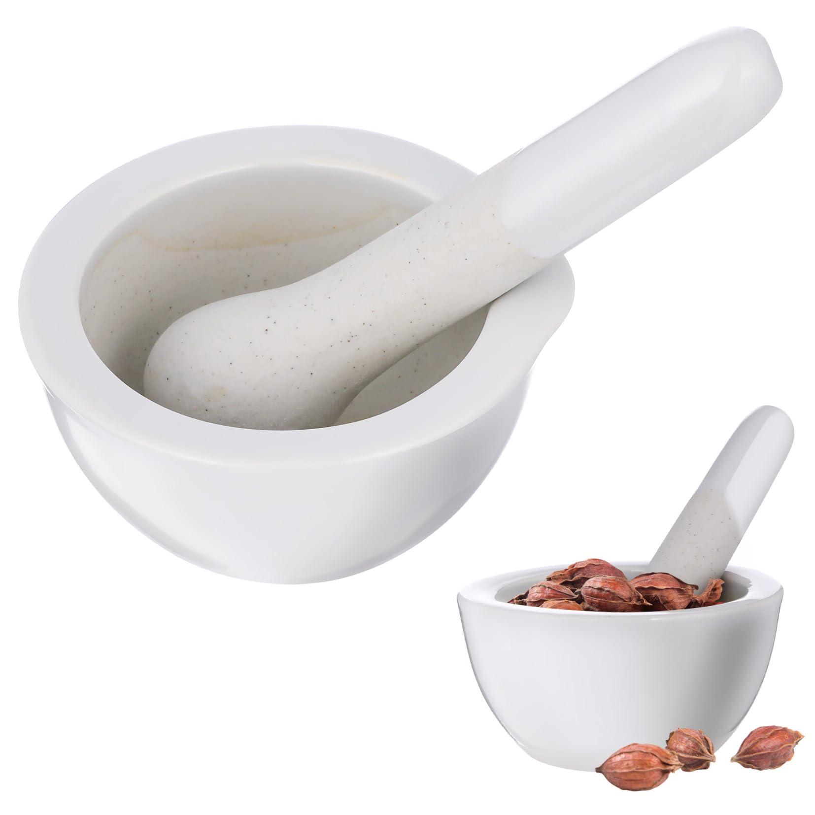 PACKOVE Mortaio Pestello in Ceramica Bianco 2 Pezzi per Macinare Spezie e Alimenti Finitura Fine e Design Rotondo per Cucina e Laboratorio