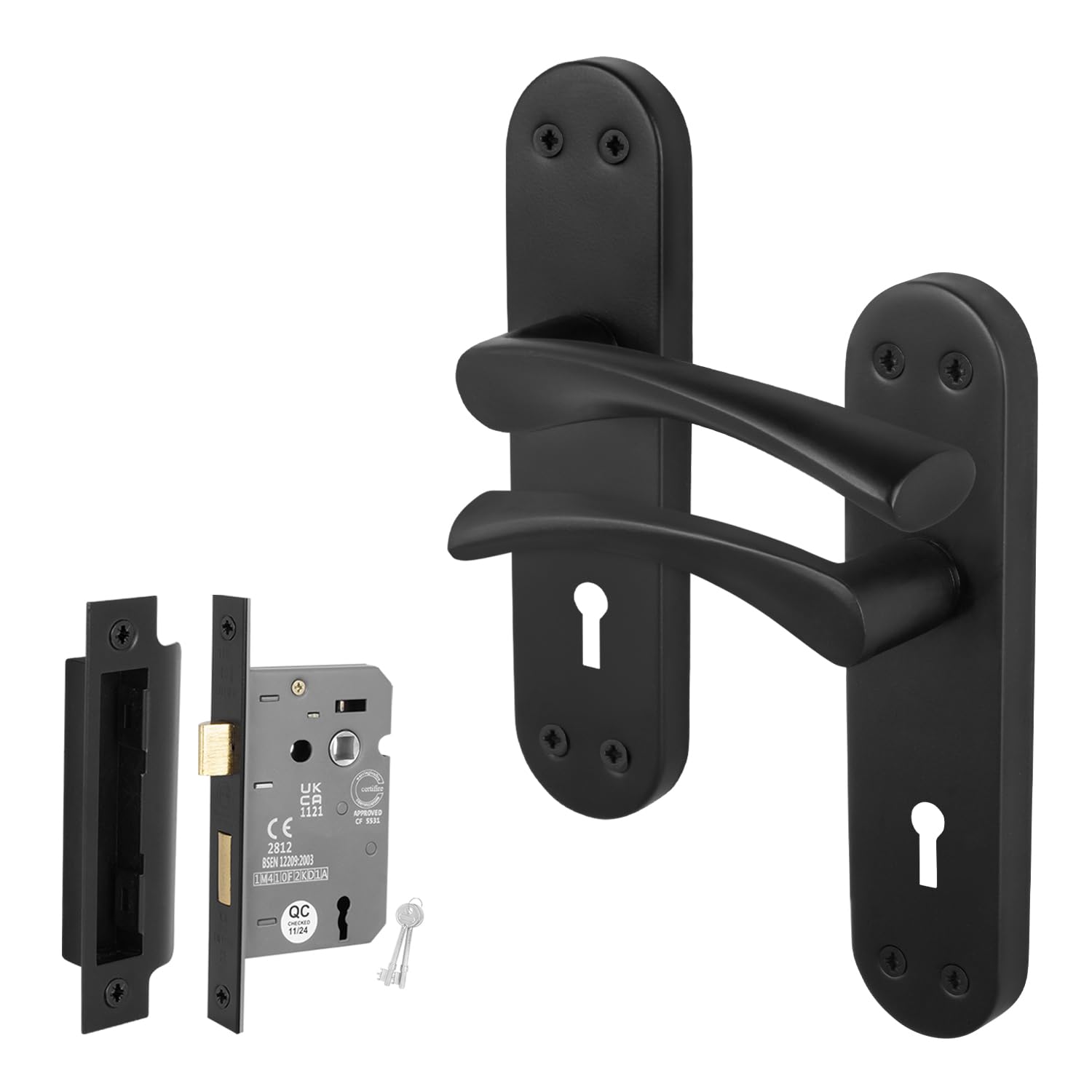 EAI Black Door Handle Key Lock Set, 1 Pair Matt Black Internal T-Bar Handles Backplate, Sash Lock 64mm - Novoli