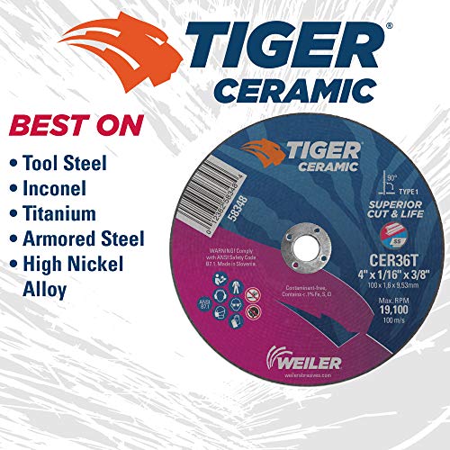 Image of Weiler 58348 4-Inch Cutting Wheel, Tiger Ceramic Contaminant-Free, Max Performance Cutting, 1 /16 inch CER36T Type 1 3 /8 inch Arbor (Pack of 25)