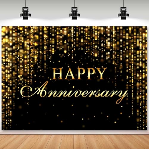 Sensfun Happy Anniversary Backdrop Banner Black Gold Glitter Cheers to Marriage Wedding Party Decorations Shining Flowing We Still Do Anniversary Sign Photography Background Photo Booth Props 7x5ft