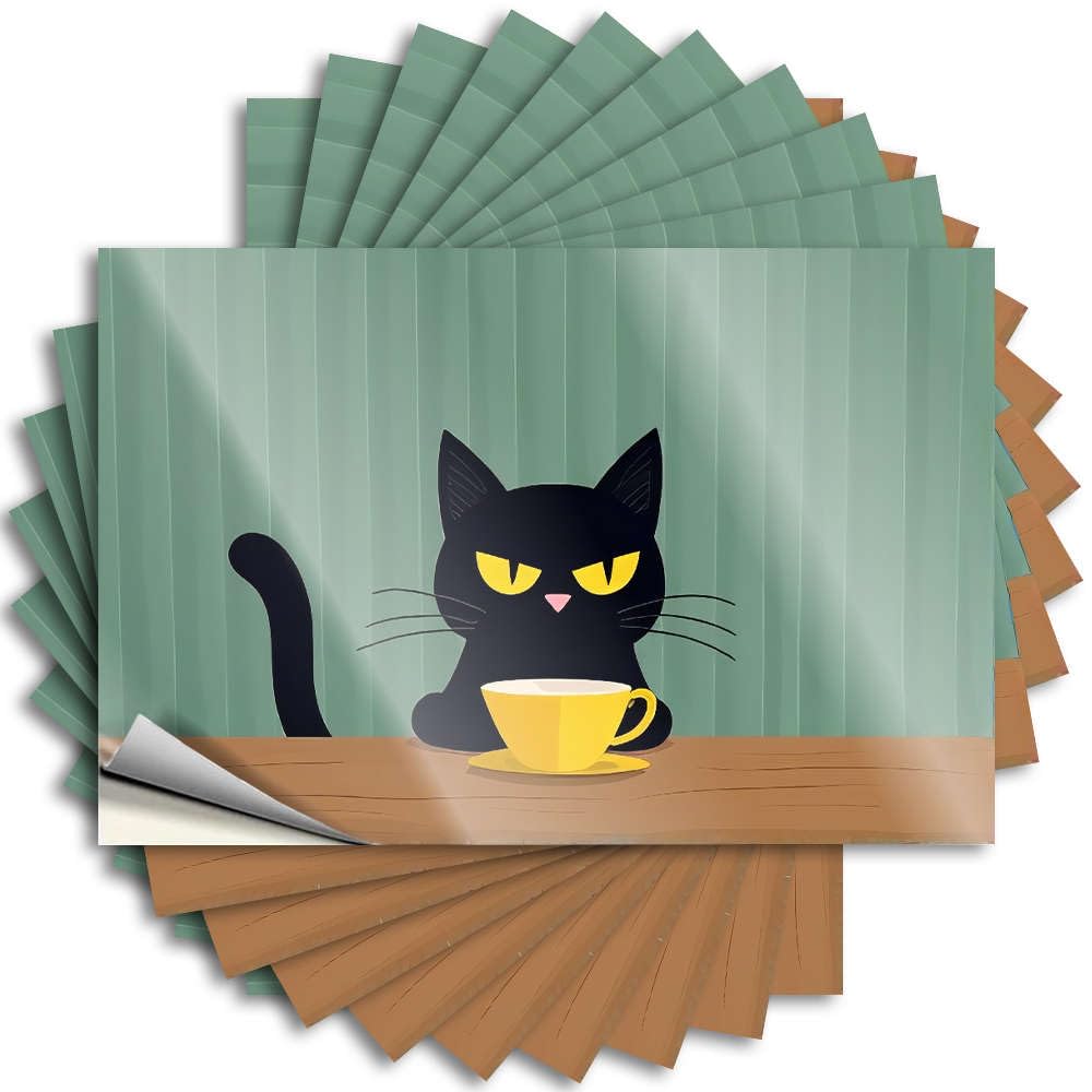 Tattoos Space Room Decor Custom Stickers, Helmet Waterproof A Black Cat with Yellow Eyes is Sitting At A Table, Holding A Yellow Cup. for Hydro Flask | Girly Vinyl Decals for(8X12CM)
