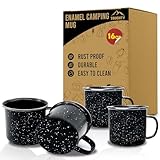 Toughty Enamel Camping Mug – Retro Vintage Campfire Tin Cup, Rustic Backpacking Mug for Hiking, Coffee, Farmhouse, Diner, Hot Drinks, Tinware, and Backpacking Gear – Set of 4 – Black – 16 Oz