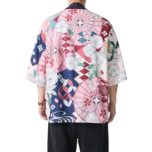 Image of PRIJOUHE Men's Lightweight Kimono Jacket Seven Sleeve Open Front Cardigan Coat Japanese Style Bathrobe