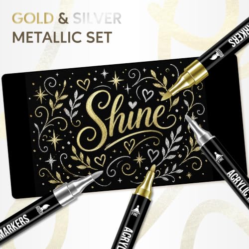 Image of Pagather Gold and Silver Acrylic Paint Markers, Dual Tip with Fine Tip and Brush Tip Pens for Fabric, Stone, Wood, Canvas, Ceramic, Metal, Glass, Rock Painting, DIY Crafts