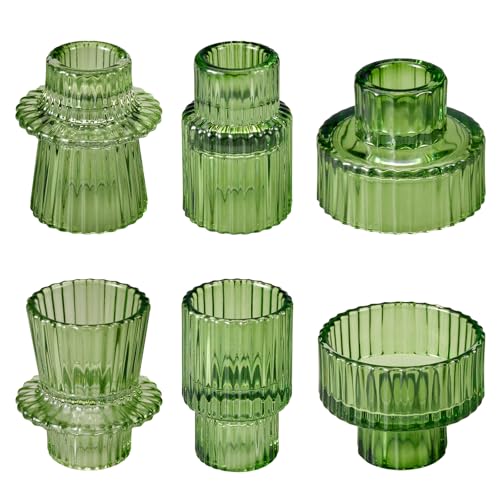 Green Taper Glass Candlestick Holders Set of 6, Tea Lights Candle Holder, Votive Candle Stick Holder for Party Wedding Dining