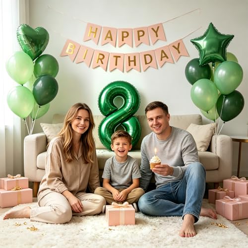 Image of TONIFUL 8th Birthday Balloons 40 Inch Green Large Number 8 Foil Balloon 18 Inch Helium Mylar Heart Star Shaped Ballons for Boys Men Birthday Anniversary Graduation New Year Eve Party Decoration