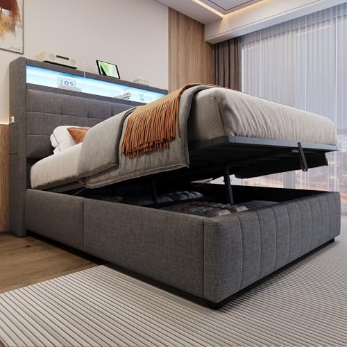 LAKFEW Polsterbett 140x200 cm, Doppelbett Stauraumbett mit LED-Beleuchtung und USB-Steckdose, Funktionsbett mit Hydraulischem Stauraum und Regal und Lattenrost, Grau, Ohne Matratze, Leinen – Bild 6