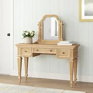 THE KASHTH Solid Wooden Hand Carving Dressing Table | Mirorr Desk for Living Room Bedroom Home Hotel with 3 Drawer, Natural, (H132 x W99 x D44 CM)(Only Table)