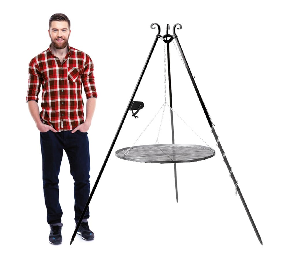 Barbecue suspendu 180 cm – Grille en acier inoxydable 50 cm + manivelle – Barbecue à trois pieds – Barbecue au charbon de bois