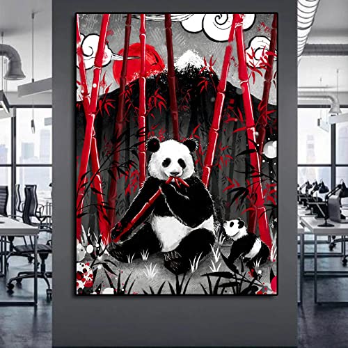 Peinture à l'huile grand format pour salon zen : bambou rouge et panda - 2